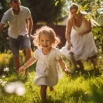 Mom and dad playing with kid on the grass.